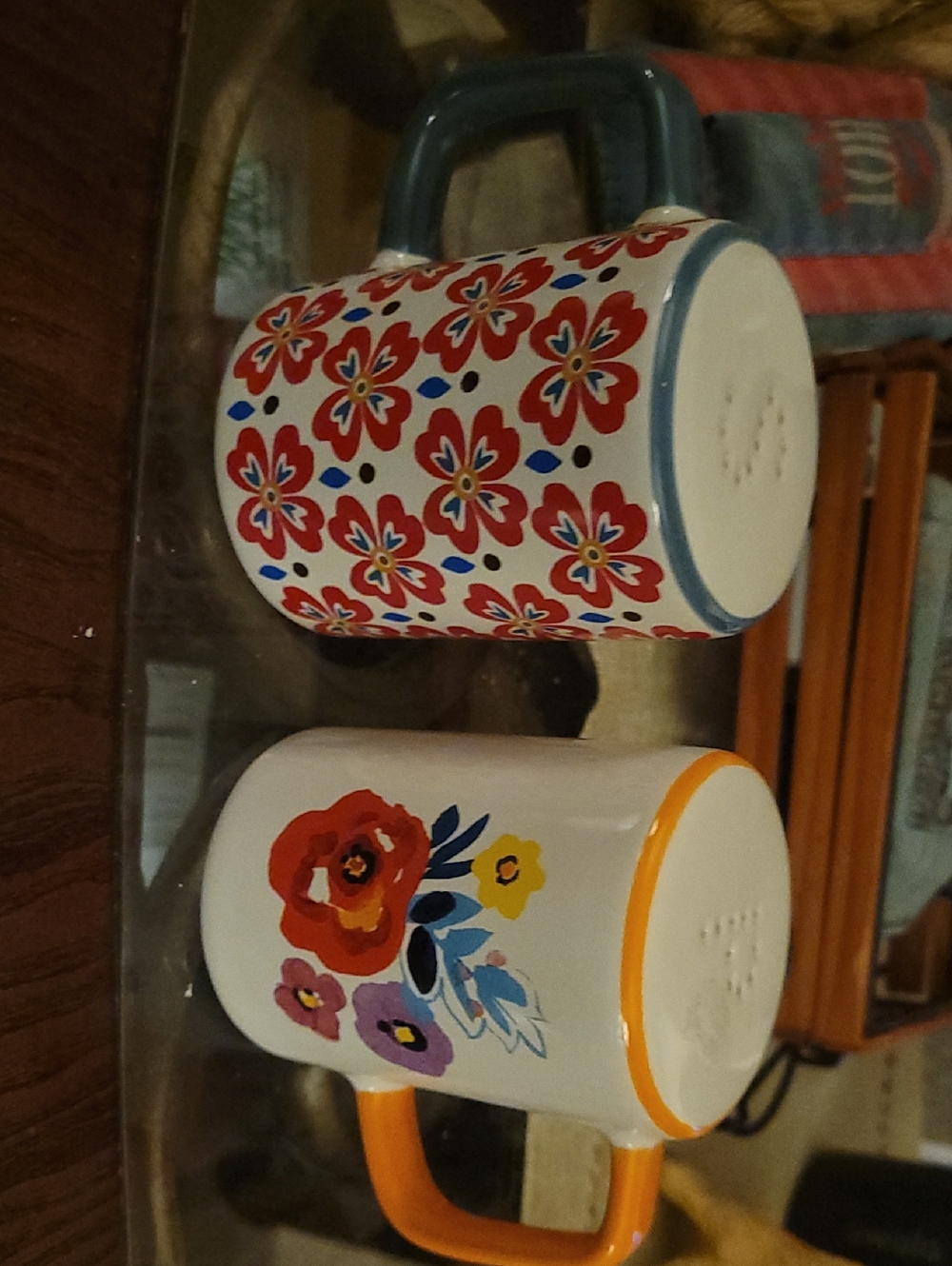 Set of Two Floral Ceramic Mugs - Red, Blue & Orange Accents